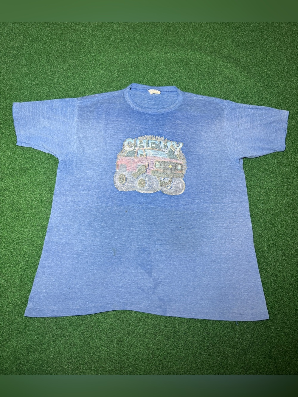 Chevy Truck Vintage T Shirt L/XL 70s 80s Faded Thin Blue Retro Grunge